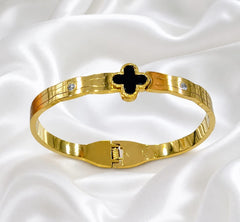 Elegant Black Clover Gold-Plated Bangle Bracelet for Women | Premium Luxury Stainless Steel Cuff Wristband