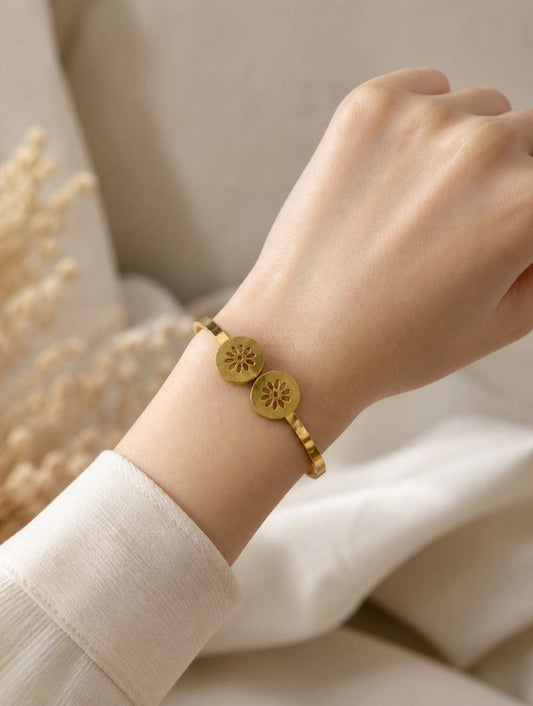 Minimalist Double Floral Disc Gold-Plated Bangle for Women | Premium Stainless Steel Cutout Flower Cuff Bracelet