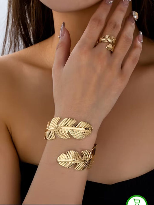 Luxury Tropical Leaf Gold-Plated 3-Piece Jewelry Set | Premium Feather Bangle, Statement Brooch & Wrap Ring Combo for Women