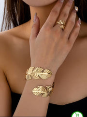 Luxury Tropical Leaf Gold-Plated 3-Piece Jewelry Set | Premium Feather Bangle, Statement Brooch & Wrap Ring Combo for Women