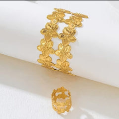 Statement Multi-Flower Gold-Plated Cuff Bangle & Matching Ring Set | Premium Textured Floral Jewelry Set for Women