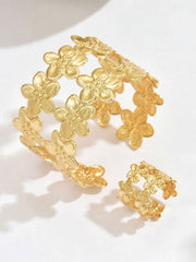 Statement Multi-Flower Gold-Plated Cuff Bangle & Matching Ring Set | Premium Textured Floral Jewelry Set for Women