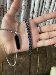 Premium 3-Piece Men's Jewelry Set - Hexagonal Obsidian Pendant Necklace, Chevron Arrow Geometric Bracelet & Minimalist Band Ring (Stainless Steel)