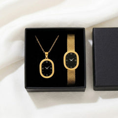 Luxury Women’s Watch & Pendant Necklace Gift Set | Elegant Matching Timepiece Jewelry Set | Stainless Steel Mesh Strap Watch