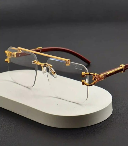 Luxury Rimless Photochromic Sunglasses for Men - Intelligent Transition Lens Eyewear with Gold Panther Hardware & Wood Temples