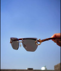 Luxury Rimless Photochromic Sunglasses for Men - Intelligent Transition Lens Eyewear with Gold Panther Hardware & Wood Temples
