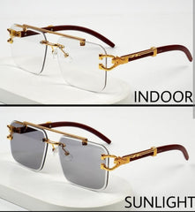 Luxury Rimless Photochromic Sunglasses for Men - Intelligent Transition Lens Eyewear with Gold Panther Hardware & Wood Temples