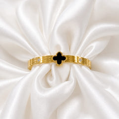 Elegant Black Clover Gold-Plated Bangle Bracelet for Women | Premium Luxury Stainless Steel Cuff Wristband
