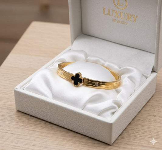 Elegant Black Clover Gold-Plated Bangle Bracelet for Women | Premium Luxury Stainless Steel Cuff Wristband