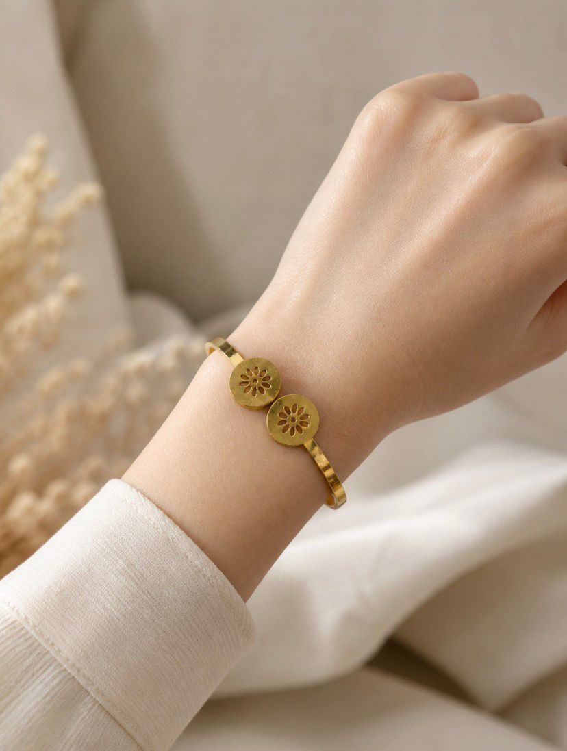 Minimalist Double Floral Disc Gold-Plated Bangle for Women | Premium Stainless Steel Cutout Flower Cuff Bracelet