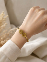 Minimalist Double Floral Disc Gold-Plated Bangle for Women | Premium Stainless Steel Cutout Flower Cuff Bracelet