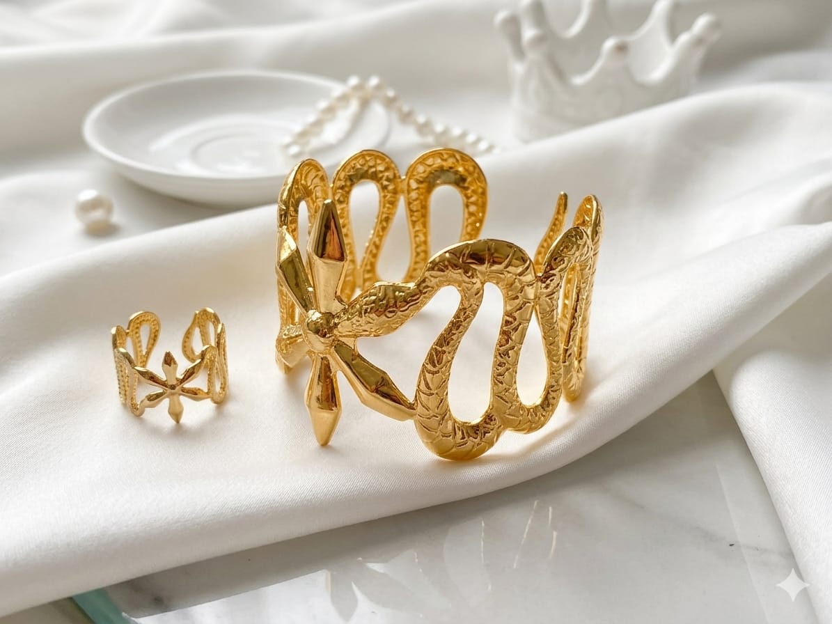 Luxury Gothic Serpent Gold-Plated Statement Cuff Bangle & Matching Ring Set | Premium Textured Snake Motif Jewelry Set for Women