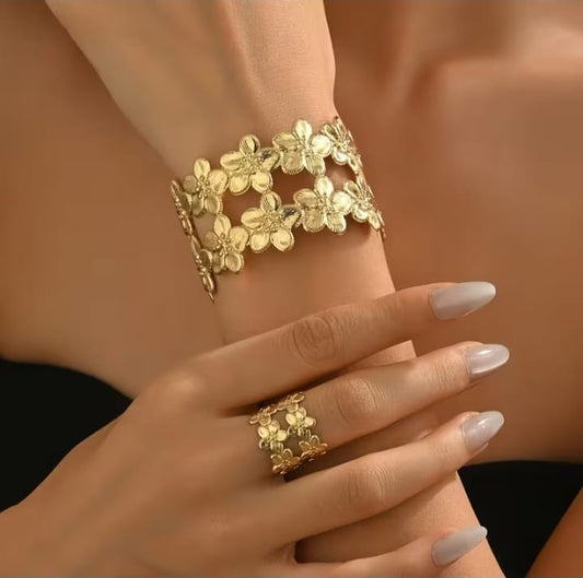 Statement Multi-Flower Gold-Plated Cuff Bangle & Matching Ring Set | Premium Textured Floral Jewelry Set for Women