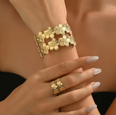 Statement Multi-Flower Gold-Plated Cuff Bangle & Matching Ring Set | Premium Textured Floral Jewelry Set for Women