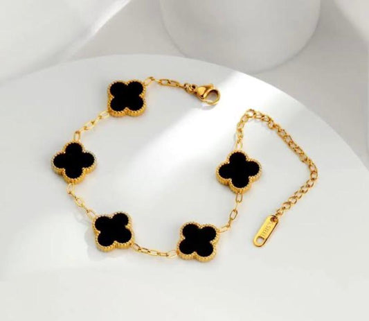 Luxury 5-Motif Black Clover Gold-Plated Chain Bracelet | Premium Stainless Steel Adjustable Lucky Clover Charm Wristlet for Women