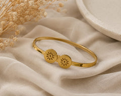 Minimalist Double Floral Disc Gold-Plated Bangle for Women | Premium Stainless Steel Cutout Flower Cuff Bracelet