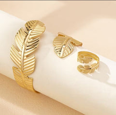 Luxury Tropical Leaf Gold-Plated 3-Piece Jewelry Set | Premium Feather Bangle, Statement Brooch & Wrap Ring Combo for Women