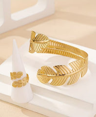 Luxury Tropical Leaf Gold-Plated 3-Piece Jewelry Set | Premium Feather Bangle, Statement Brooch & Wrap Ring Combo for Women
