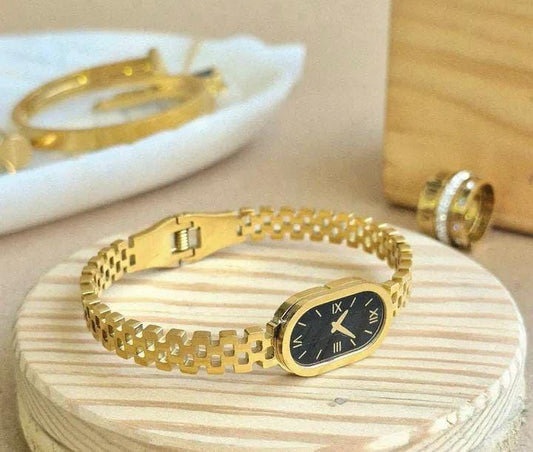 Vintage Oval Black Dial Gold-Plated Watch Bracelet | Premium Stainless Steel Minimalist Roman Numeral Bangle Wristwatch for Women