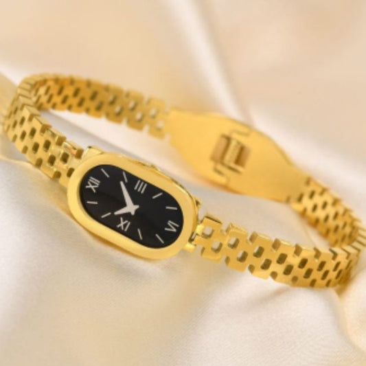 Vintage Oval Black Dial Gold-Plated Watch Bracelet | Premium Stainless Steel Minimalist Roman Numeral Bangle Wristwatch for Women