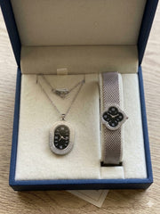 Luxury Women’s Watch & Pendant Necklace Gift Set | Elegant Matching Timepiece Jewelry Set | Stainless Steel Mesh Strap Watch
