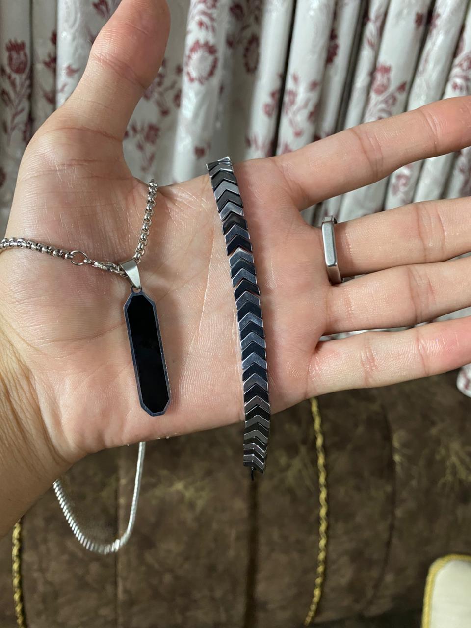 Premium 3-Piece Men's Jewelry Set - Hexagonal Obsidian Pendant Necklace, Chevron Arrow Geometric Bracelet & Minimalist Band Ring (Stainless Steel)