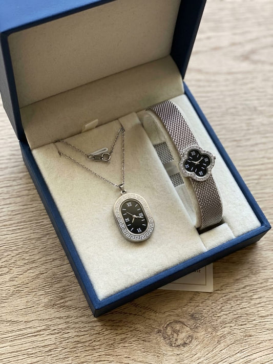 Luxury Women’s Watch & Pendant Necklace Gift Set | Elegant Matching Timepiece Jewelry Set | Stainless Steel Mesh Strap Watch