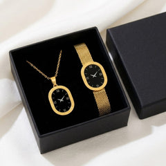 Luxury Women’s Watch & Pendant Necklace Gift Set | Elegant Matching Timepiece Jewelry Set | Stainless Steel Mesh Strap Watch