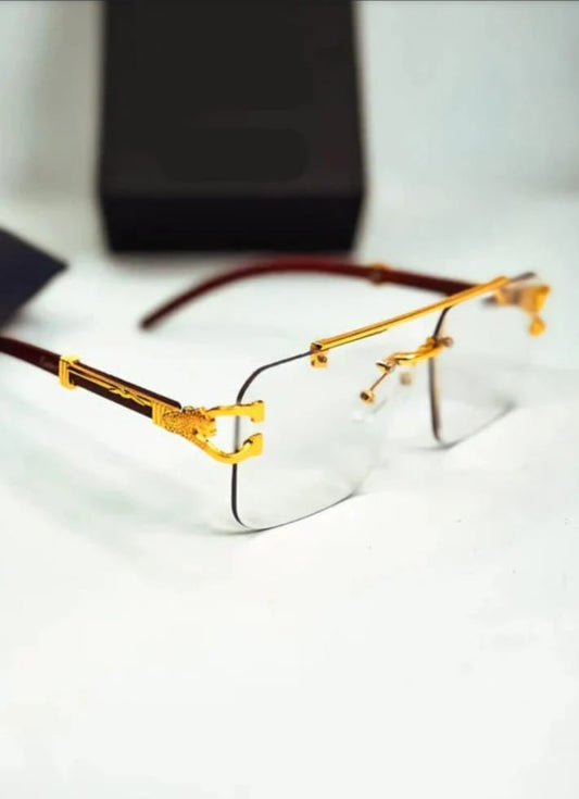 Luxury Rimless Photochromic Sunglasses for Men - Intelligent Transition Lens Eyewear with Gold Panther Hardware & Wood Temples