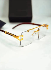 Luxury Rimless Photochromic Sunglasses for Men - Intelligent Transition Lens Eyewear with Gold Panther Hardware & Wood Temples