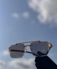 Luxury Rimless Photochromic Sunglasses for Men - Intelligent Transition Lens Eyewear with Gold Panther Hardware & Wood Temples